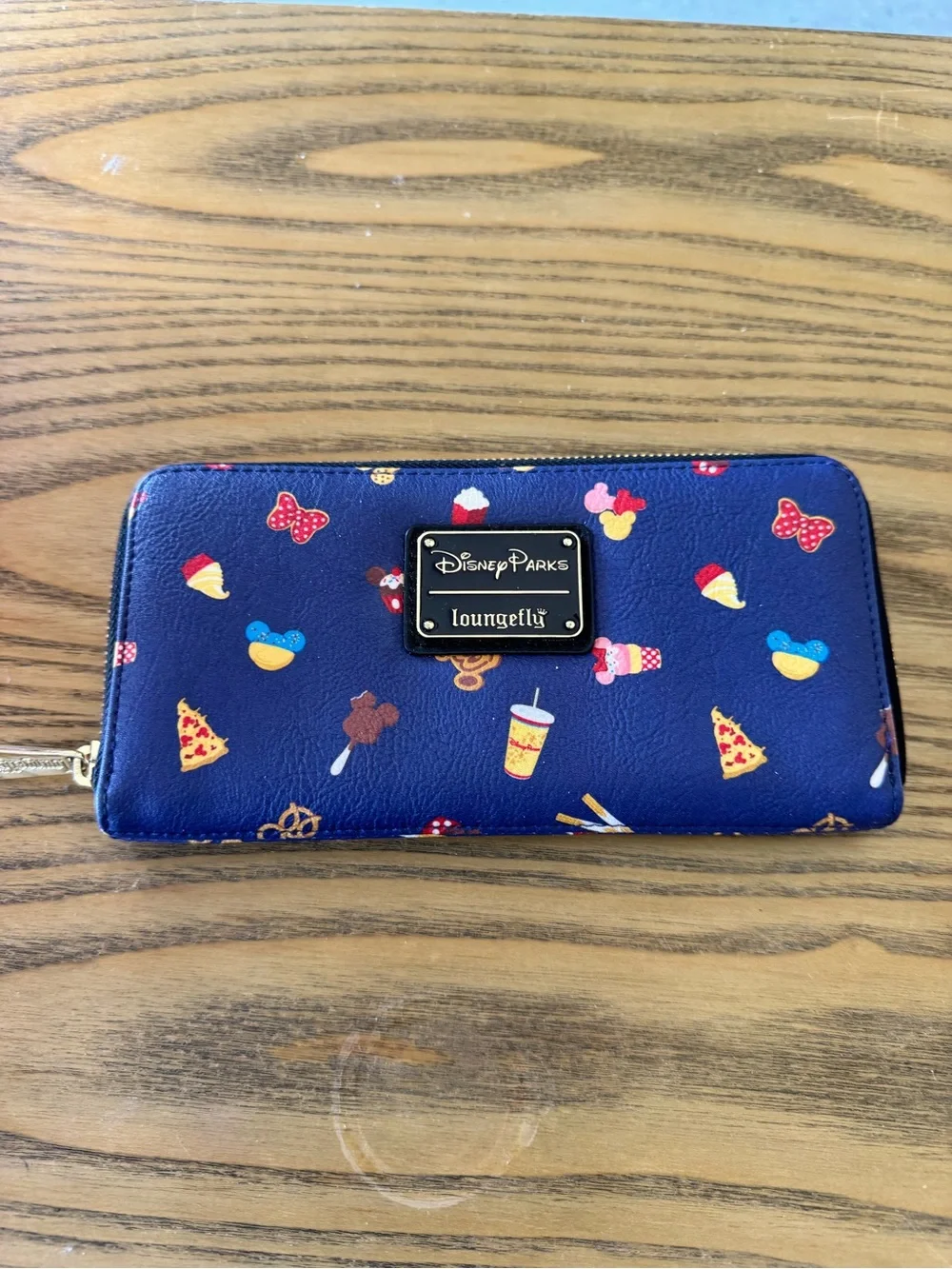 Loungefly Navy Disney Parks Snack Print Zip Wallet with Gold Plaque